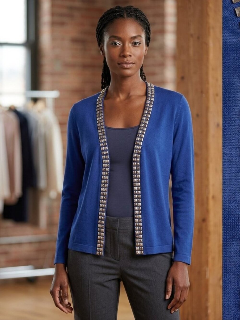 Jones New York Collection Blue Embellished Open-Front Cardigan Sweater - Size M
